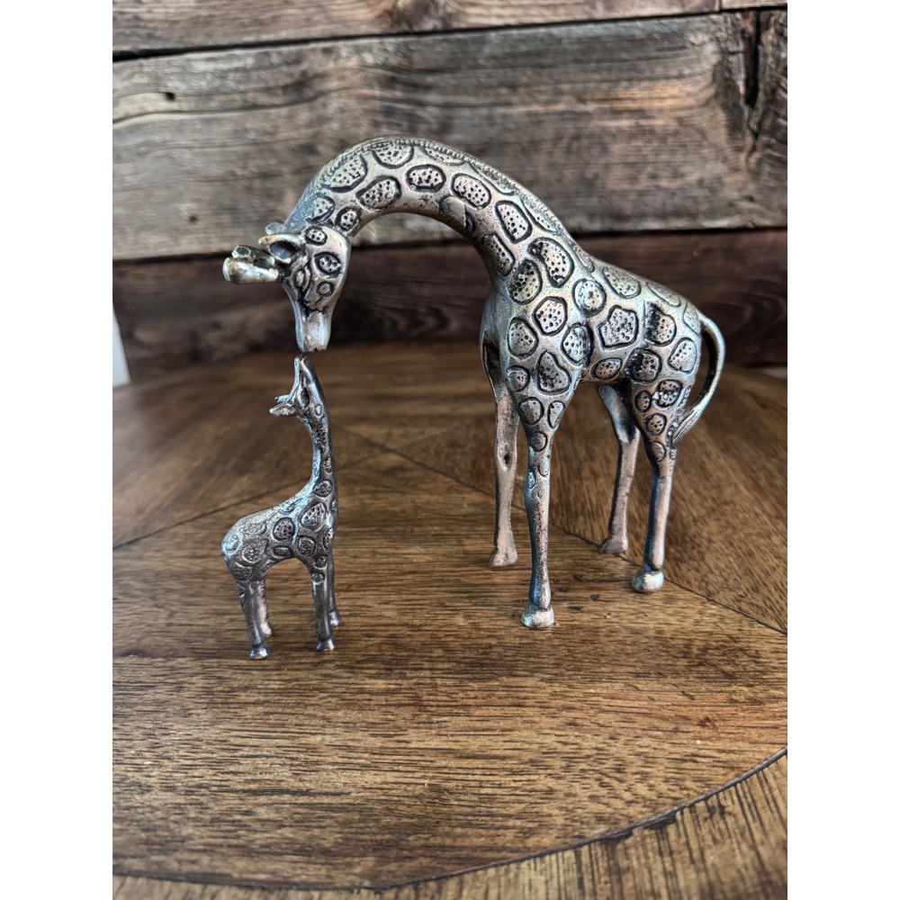 Vintage Silver Plated Brass Giraffe Figurines Mother Baby 7.5" Statues MCM